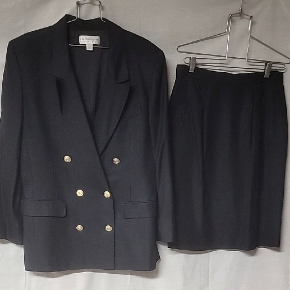 Classic Liz Claiborn Navy Blue Double-Breasted Blazer and Skirt Set